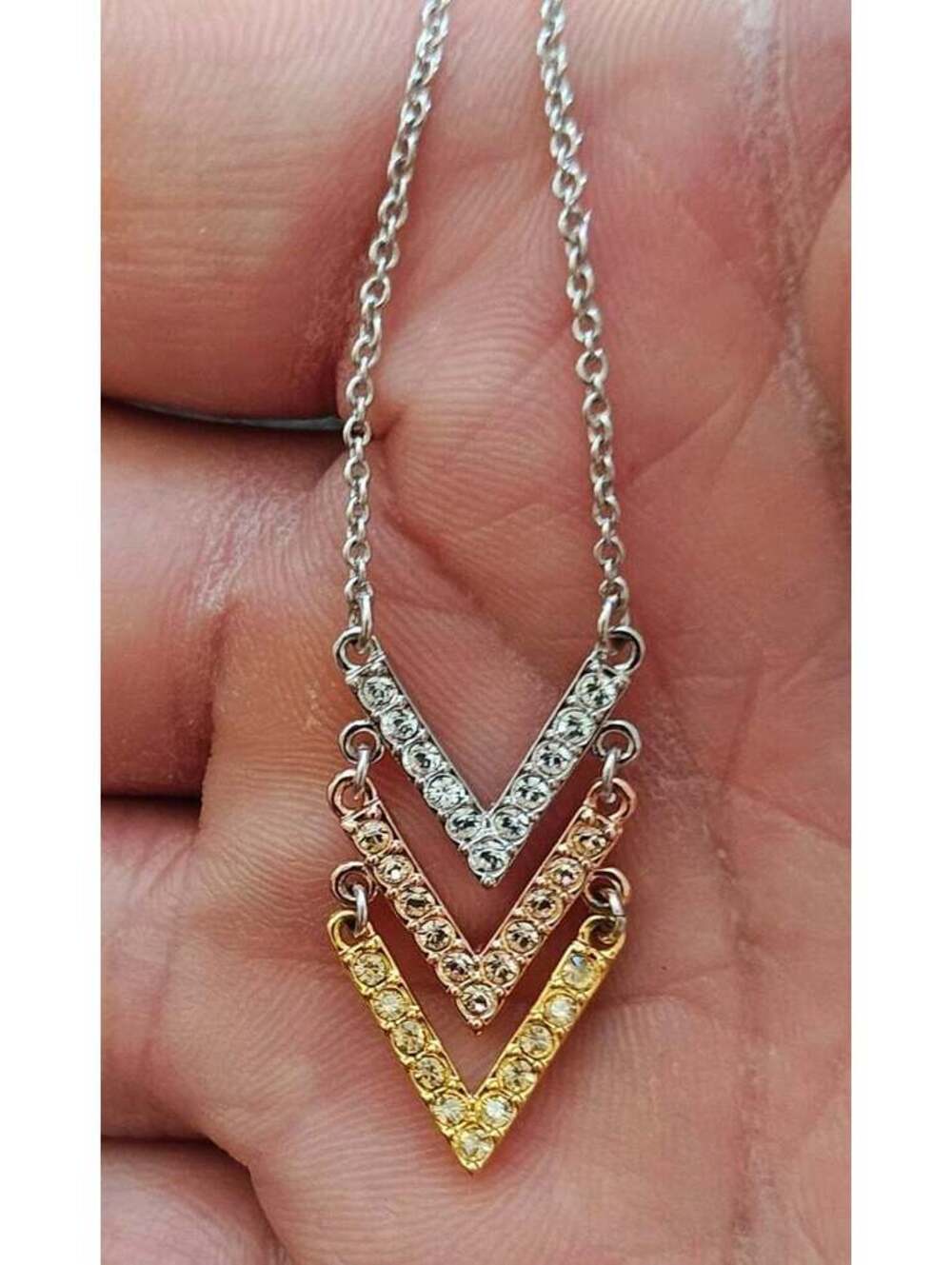 Touchstone Crystal by Swarovski Retired Tri-Tone Triple V Chevron Necklace